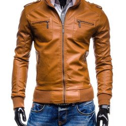 Men's Slim Fit Tan Brown Faux Leather Jacket