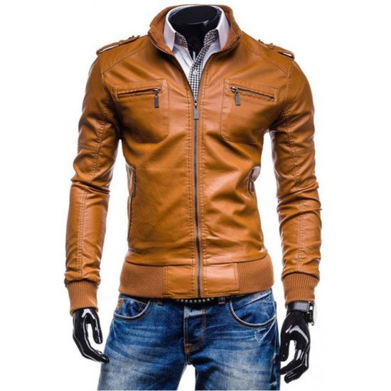 Men's Slim Fit Tan Brown Faux Leather Jacket