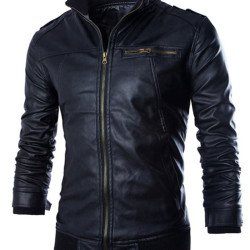 Men's Slimming Fit Stand Collar Black Leather Jacket