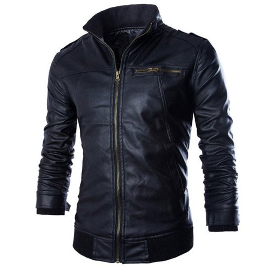 Men's Slimming Fit Stand Collar Black Leather Jacket