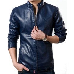 Men's Stand Collar Slim Fit Blue Jacket