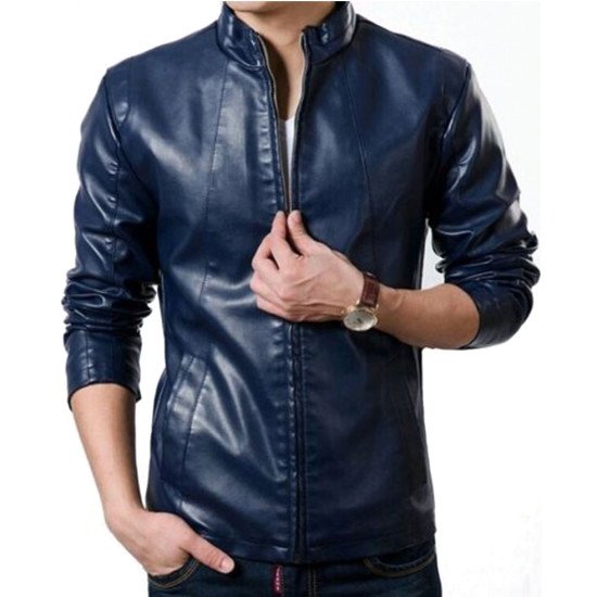 Men's Stand Collar Slim Fit Blue Jacket