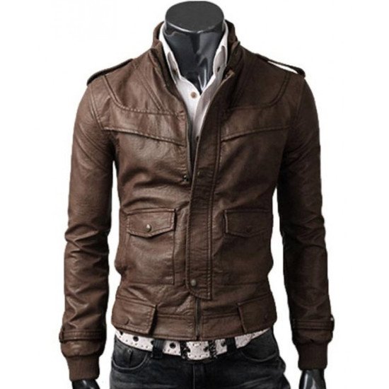 Men's Stand Collar Slim Fit Light Brown Leather Jacket