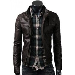 Men's Strap Collar Dark Brown Leather Jacket