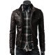 Men's Strap Collar Dark Brown Leather Jacket