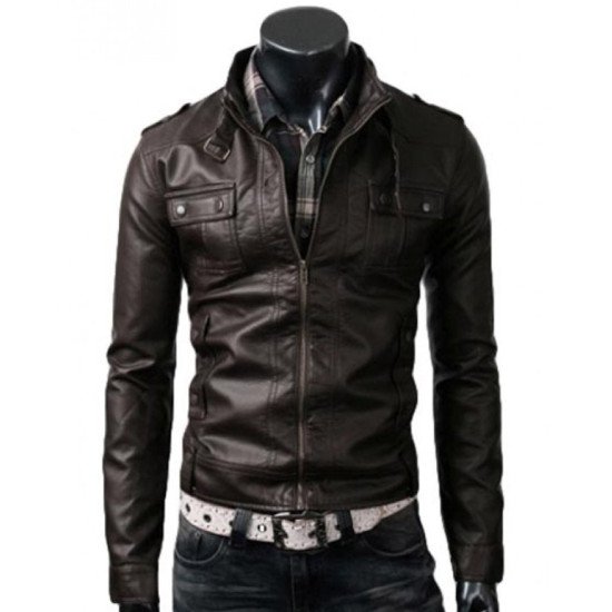 Men's Strap Collar Dark Brown Leather Jacket