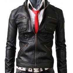 Men's Zipper Pocket Slim Fit Black Jacket