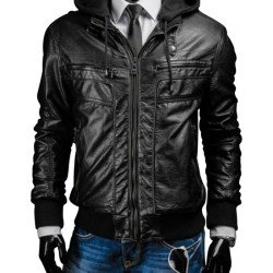 Slim Fit Black Leather Jacket With Hood for Men