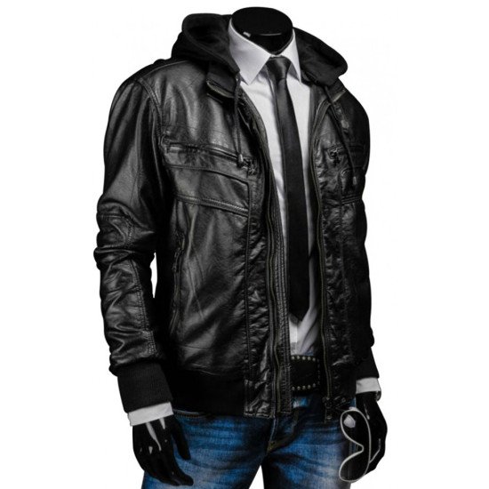 Slim Fit Black Leather Jacket With Hood for Men