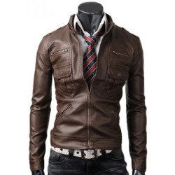 Slim Fit Men's Zipper Pocket Leather Jacket