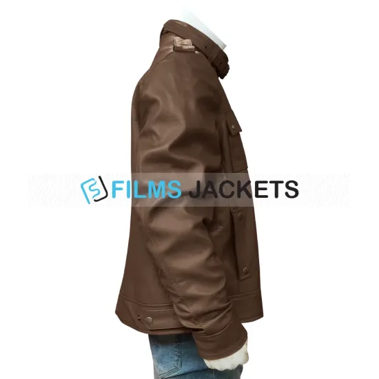 Strap Collar Men's Light Brown Leather Jacket