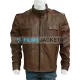 Strap Collar Men's Light Brown Leather Jacket