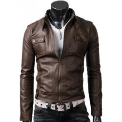 Strap Collar Men's Light Brown Leather Jacket