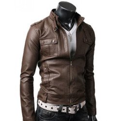 Strap Collar Men's Light Brown Leather Jacket