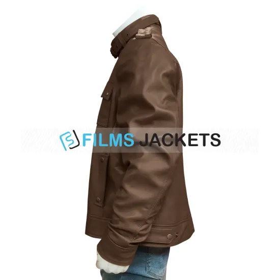 Strap Collar Men's Light Brown Leather Jacket