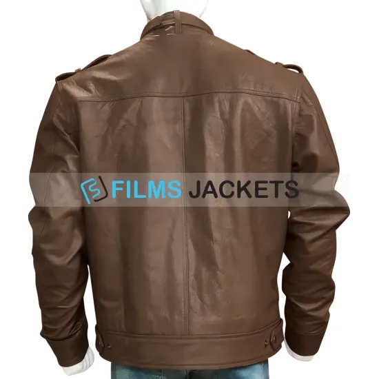 Strap Collar Men's Light Brown Leather Jacket