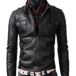 Strap Collar Slim Fit Black Leather Jacket for Men