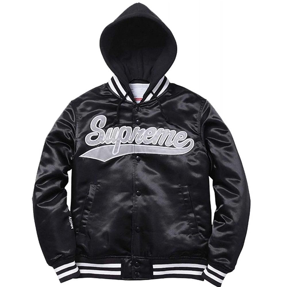 hooded satin varsity jacket