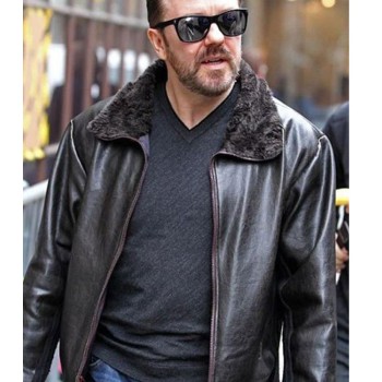 After Life Ricky Gervais Leather Jacket with Fur Collar