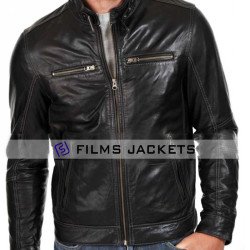 Men's Buckle Tab Collar White Stitched Leather Jacket