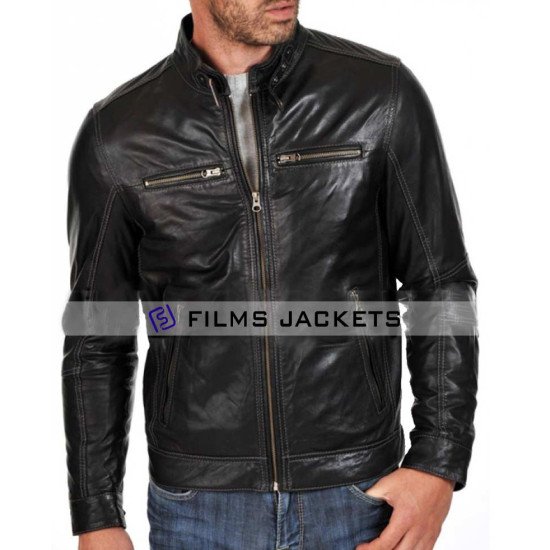 black leather jacket with white stitching