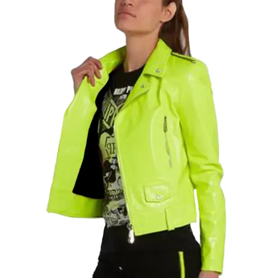 Women's Green Neon Leather Biker Asymmetrical Jacket