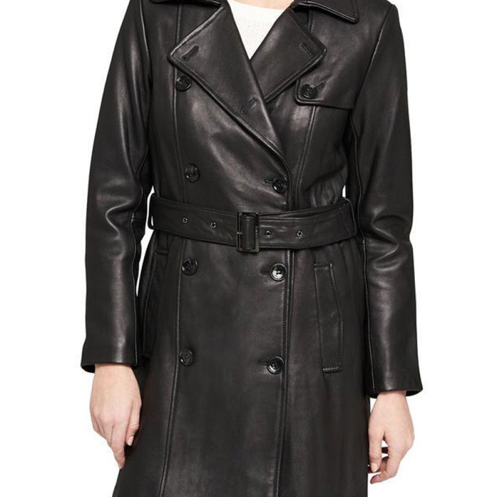 Womens Casual Wear Double Breasted Belted Leather Coat - Films Jackets