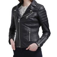 Women's FJ029 Motorcycle Zipper Pockets Black Leather Jacket