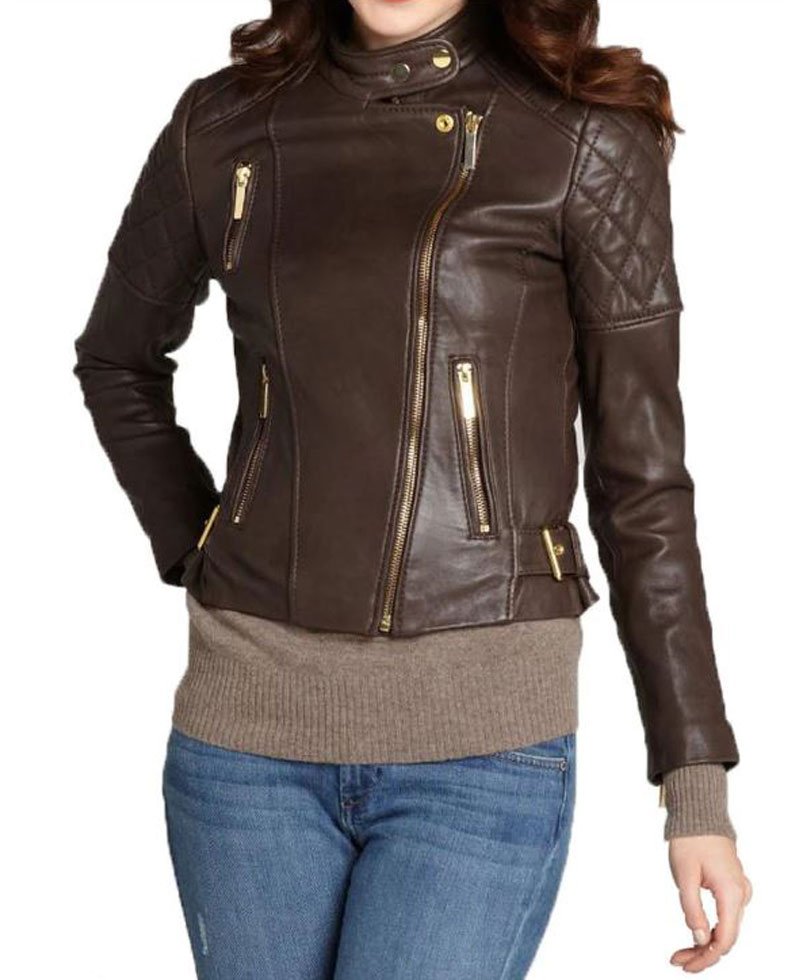 Womens FJ053 Zipper Pockets Asymmetrical Leather Jacket