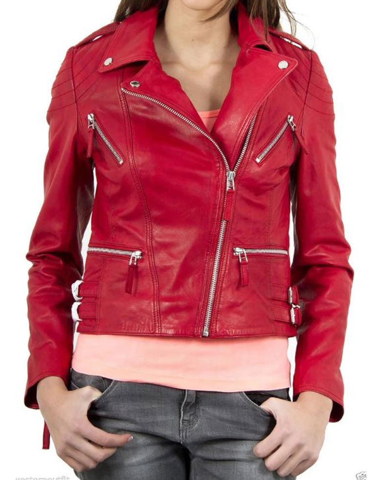 Asymmetrical Zipper Elegant Womens Red Leather Motorcycle Jacket