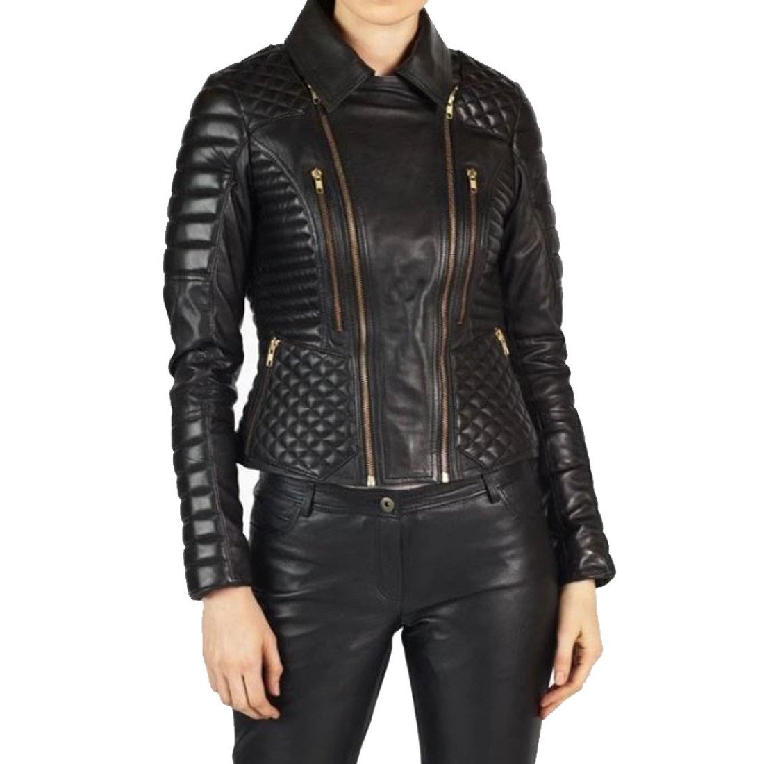 Womens FJ037 Quilted and Padded Real Black Leather Biker Jacket - Films