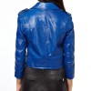 Women's FJ041 Motorcycle Asymmetrical Belted Blue Leather Jacket