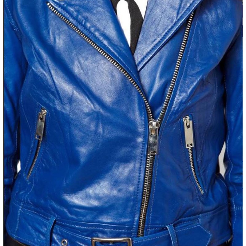 Women's FJ041 Motorcycle Asymmetrical Belted Blue Leather Jacket