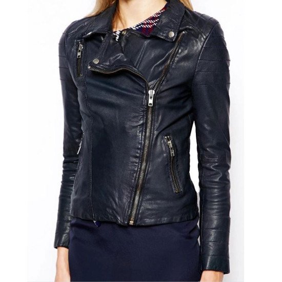 Womens FJ064 Asymmetrical Zipper Pockets Blue Leather Biker Jacket ...
