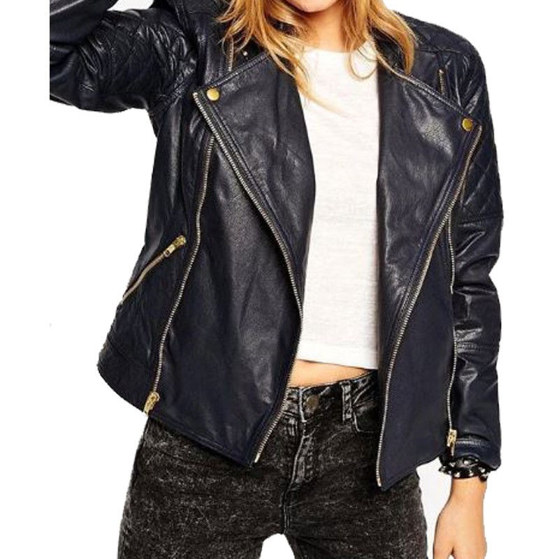 Women's FJ068 Quilted Motorcycle Asymmetrical Navy Blue Leather Jacket