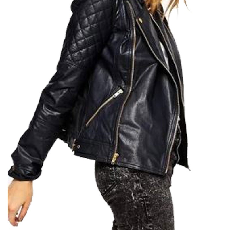 Women's FJ068 Quilted Motorcycle Asymmetrical Navy Blue Leather Jacket