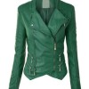 Women's FJ091 Motorcycle Zipper Pockets Green Leather Jacket