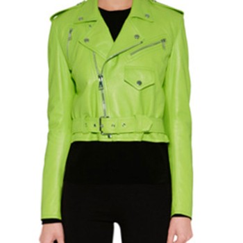 Women's Lime Green Leather Belted Motorcycle Jacket