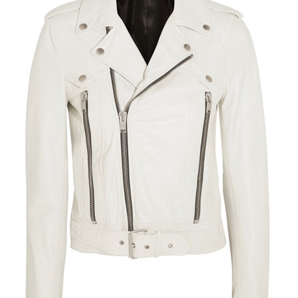 Women's Rockford White Leather Biker Jacket - Films Jackets