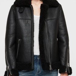 Women's Shearling Bomber Black Leather Jacket