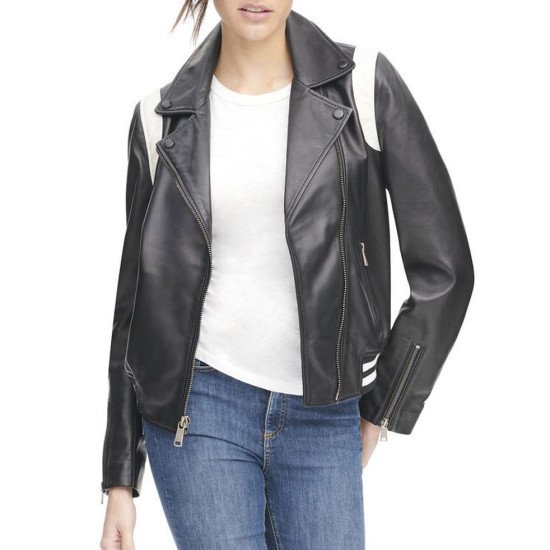 Womens Biker Asymmetrical Black Leather White Striped Bomber Jacket ...