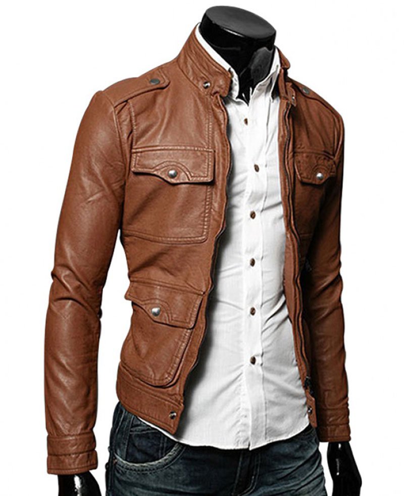 Men's Bomber Style Slim Fit Tan Brown Faux Leather Jacket