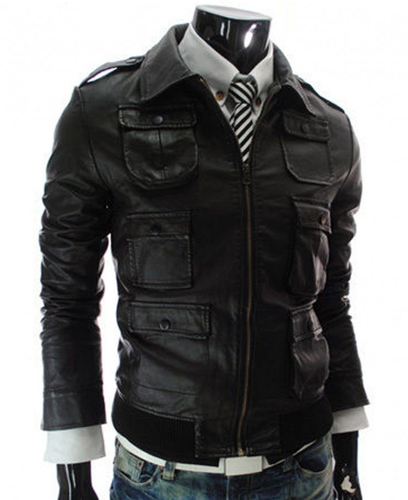 Men's Slim Fit Bomber Style Black Leather Jacket