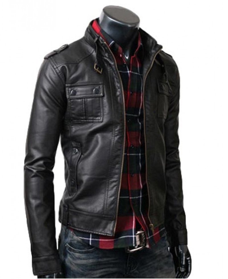 Strap Collar Slim Fit Black Leather Jacket for Men