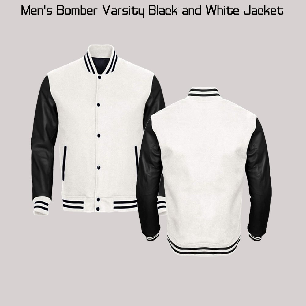 Men's Black Leather and Wool White Varsity Jacket - Films Jackets