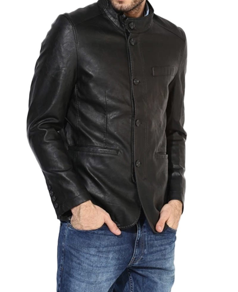 Men's Button Closure Black Leather Blazer - Films Jackets