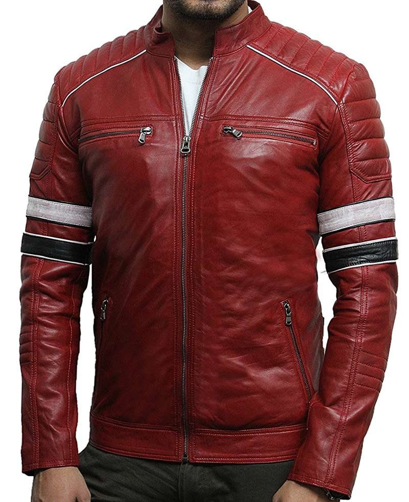 Men's Quilted Shoulders Red Leather Biker Jacket - Films Jackets