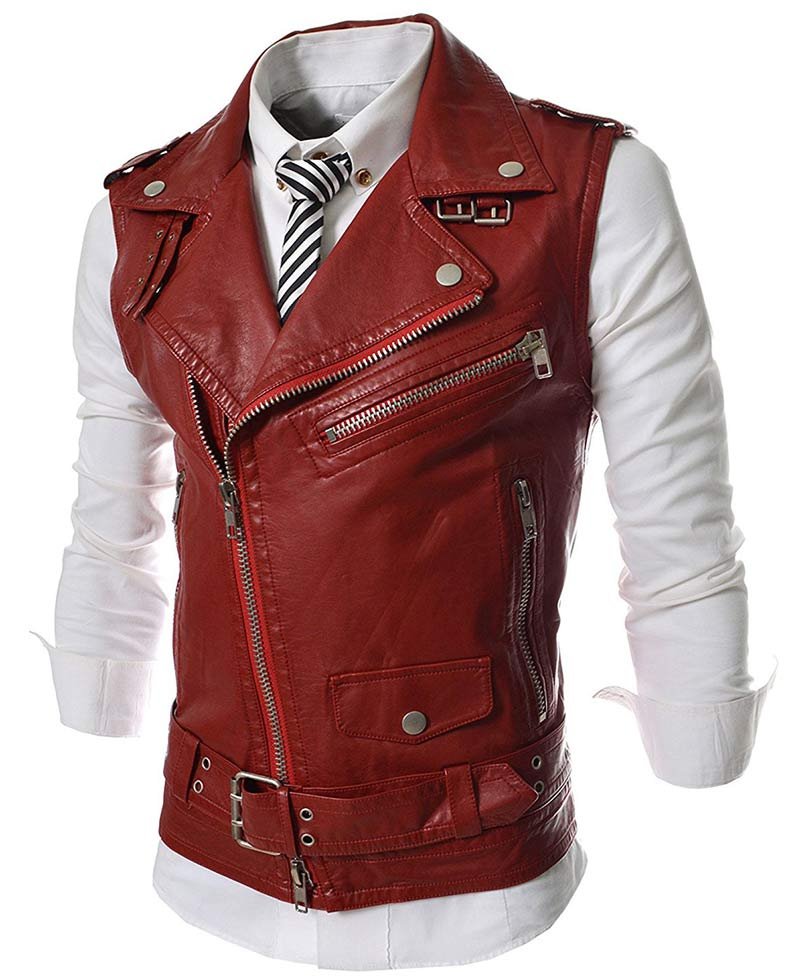 Slim Fit Mens Collarless Leather Jacket Pictures