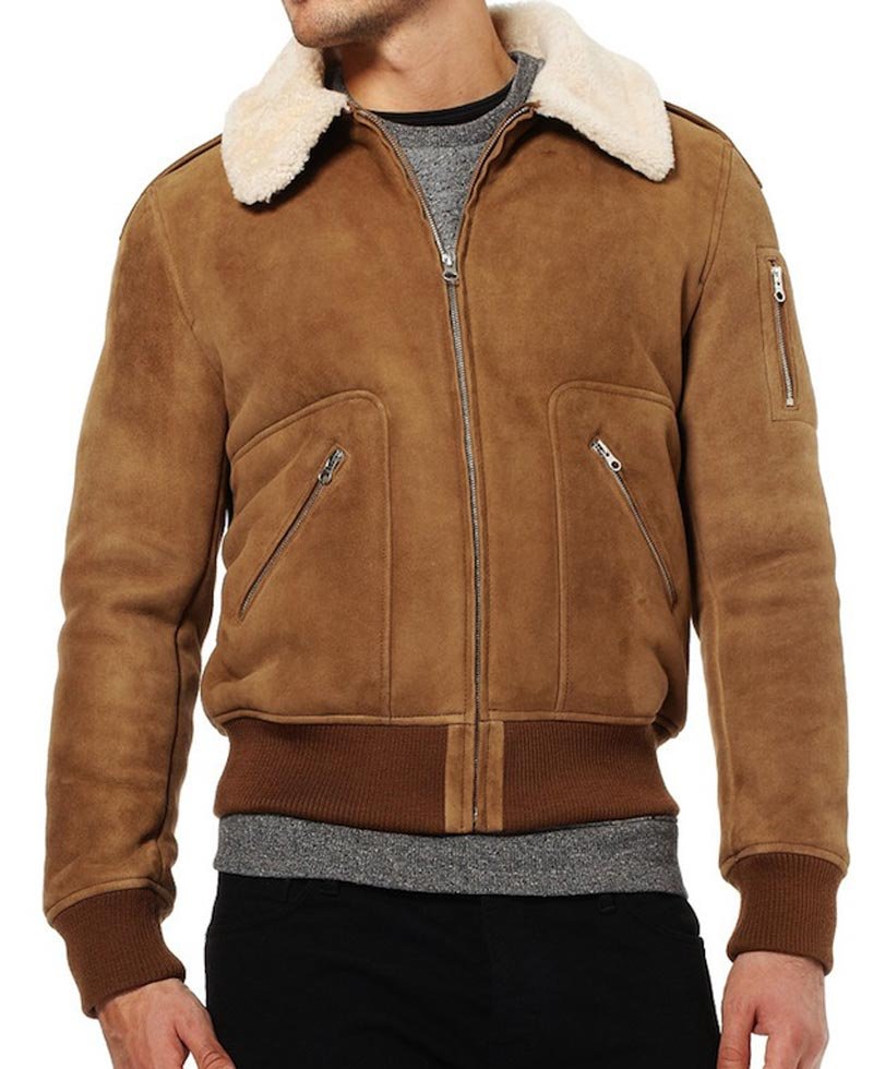 Men's Suede Leather Brown Shearling Jacket with Fur Collar ...