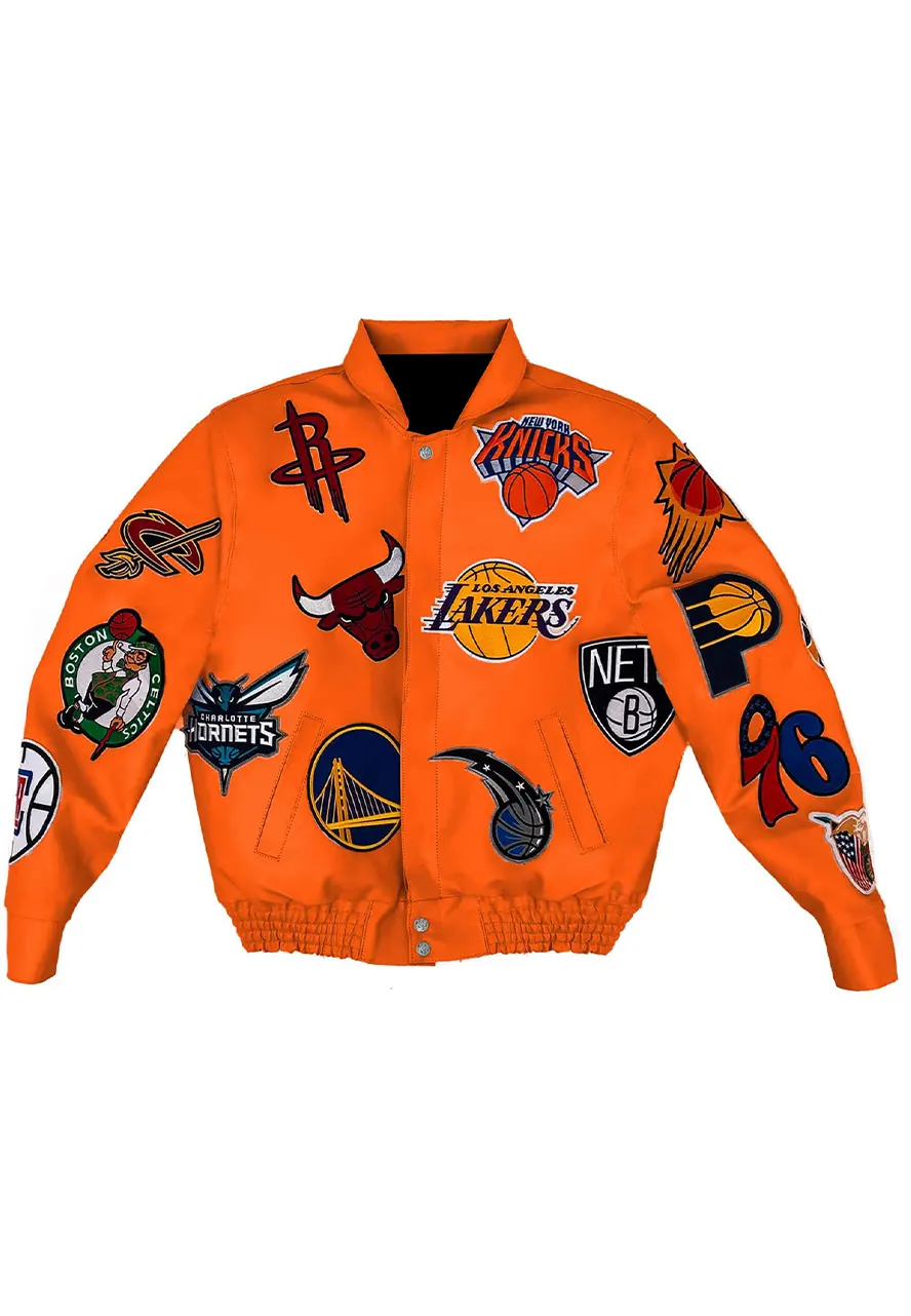 NBA Team Collage Jeff Hamilton Orange Leather Jacket